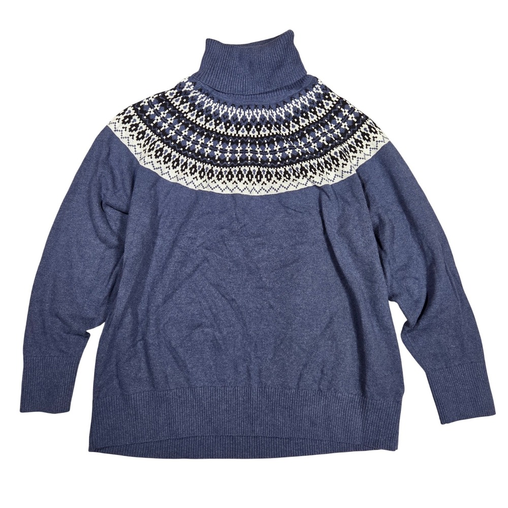 LL Bean Womens Large Blue Cotton Cashmere Fair Isle Turtleneck Sweater Outdoors